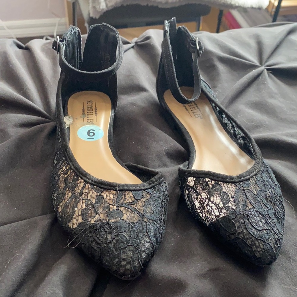 Black lace flats with strap & zipper